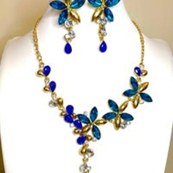 New Necklace Earrings Blue Rhinestones Choker 18" 20" jewelry set Lot M21 - Picture 5 of 5